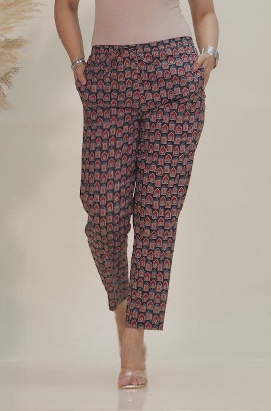 Soft Cotton Mughal Print Black Tapered Trousers