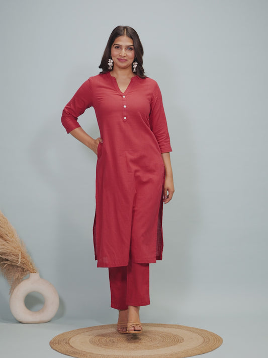 Natural Cotton Solid Straight Red Kurta