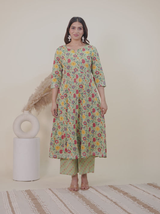 Soft Cotton Floral Anarkali Green Kurta