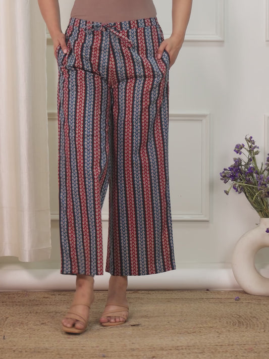 Soft Cotton Striped Blue Flared Trousers