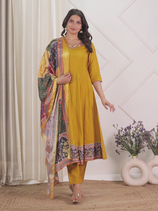 Embroidered Muslin Solid Flared Yellow Kurta