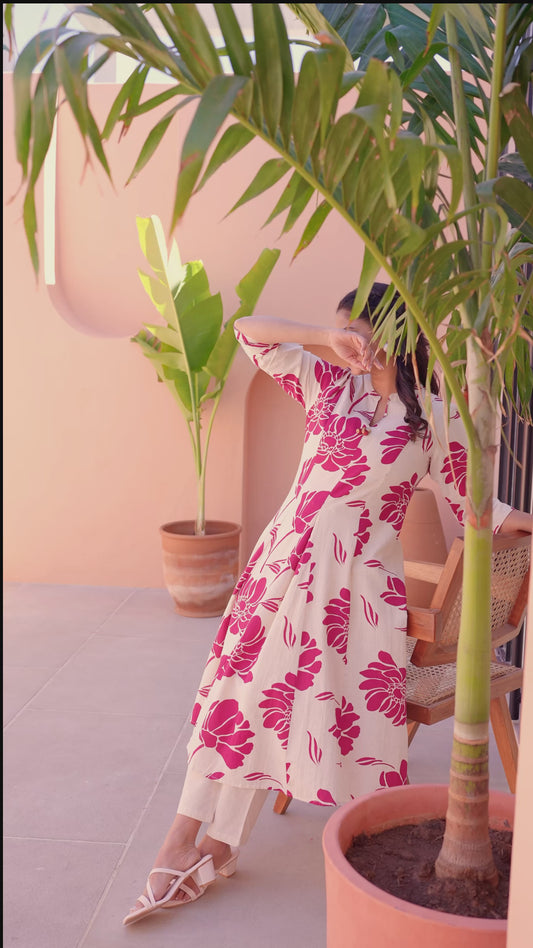Linen Cotton Floral Flared Cream Kurta