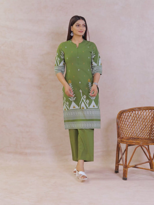 Soft Cotton Geometric Straight Green Kurta