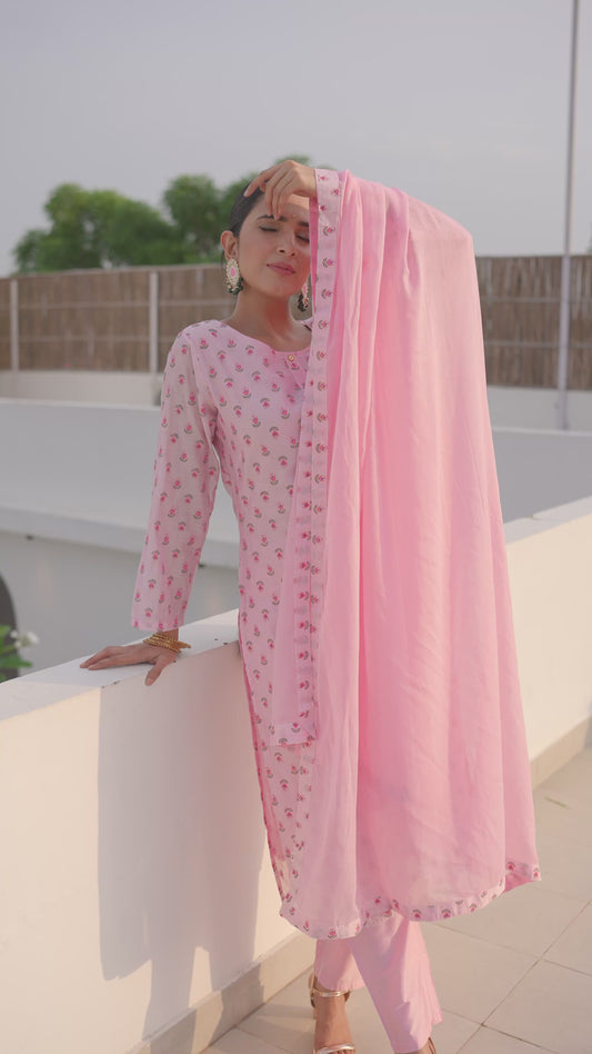 Chanderi Gold foil Straight Baby Pink Kurta