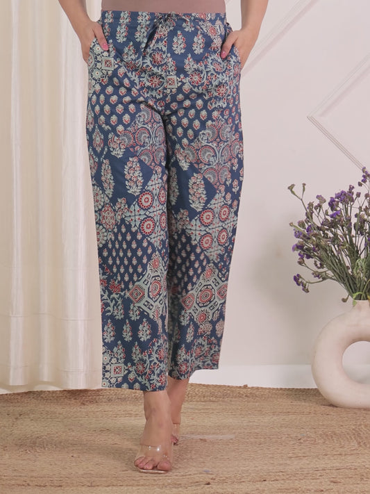 Soft Cotton Geometric Blue Straight Trousers