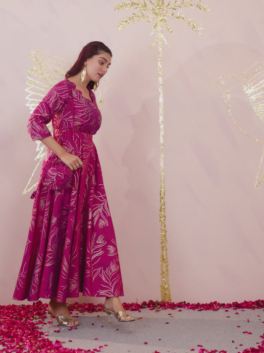 Chanderi Gold foil Anarkali Pink Dress (With Bag)