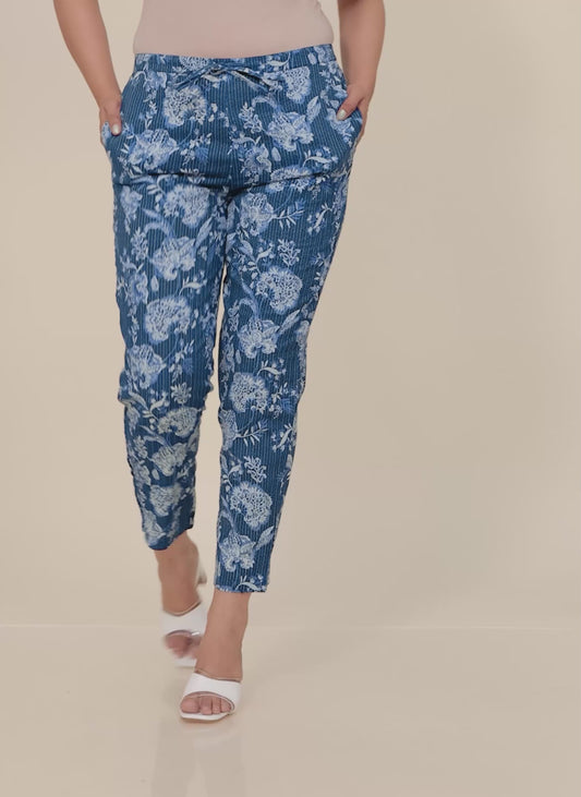 Kantha Cotton Floral Blue Tapered Trousers