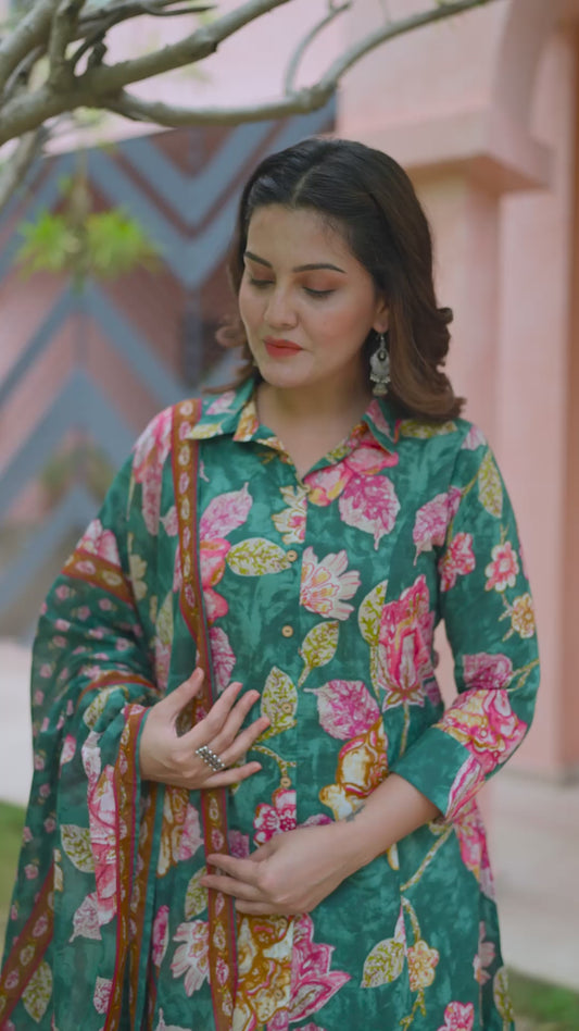 Soft Cotton Floral High Low Green Kurta