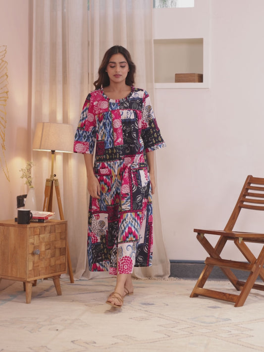 Embroidered Soft Cotton Colorblock Straight Pink Night Dress