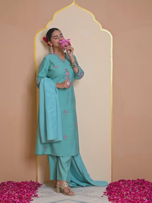 Embroidered Chanderi Solid Straight Teal Kurta