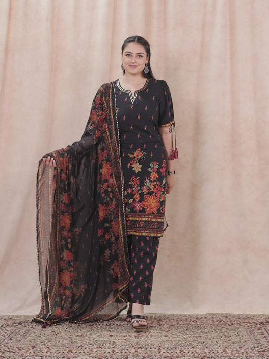 Embroidered Viscose Floral Straight Black Kurta