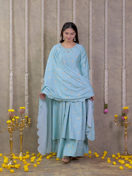 Embroidered Roman silk Gold foil Anarkali Green Kurta