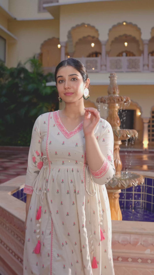 Embroidered Linen Cotton Floral Flared Off White Kurta