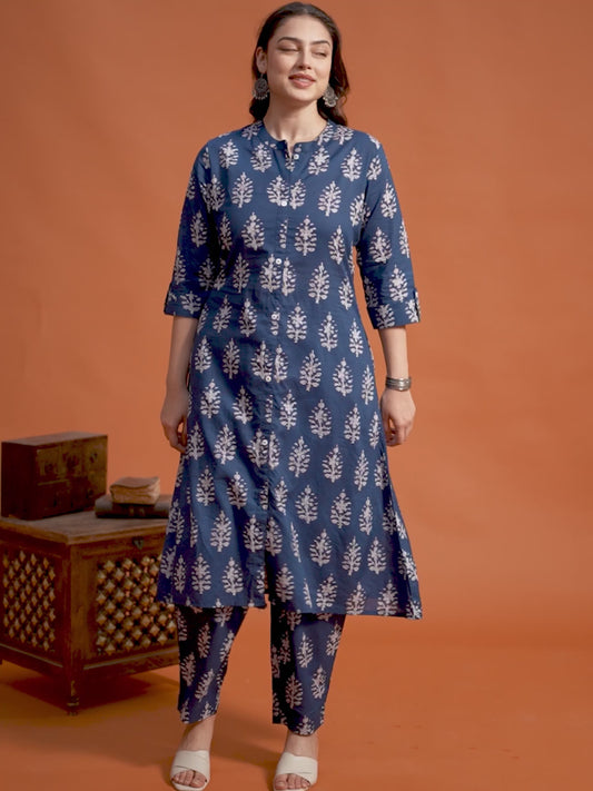 Soft Cotton Butta Straight Blue Kurta