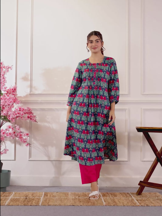 Soft Cotton Floral Flared Blue Kurta