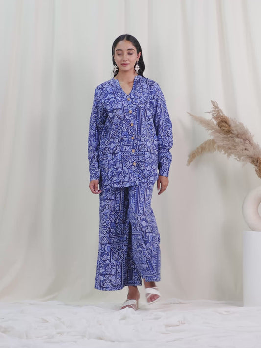 Soft Cotton Patchwork Straight Navy Blue Tunic