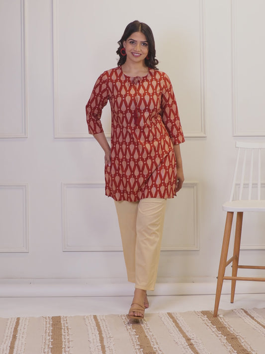 Soft Cotton Geometric Straight Maroon Kurti