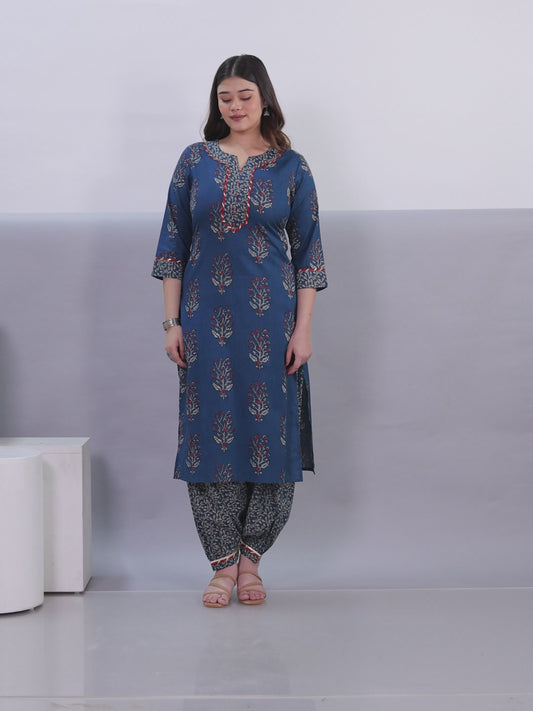 Soft Cotton Floral Straight Blue Kurta