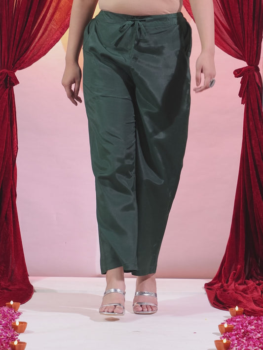 Poly Silk Solid Green Straight Trousers