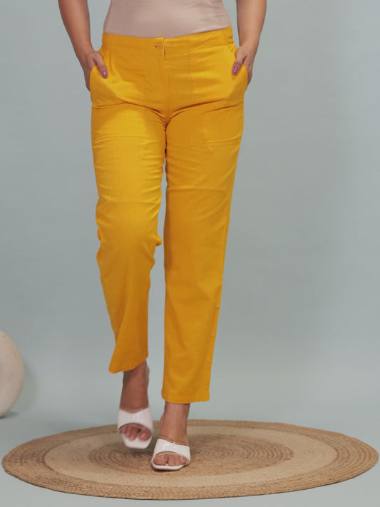 Natural Cotton Solid Yellow Tapered Trousers