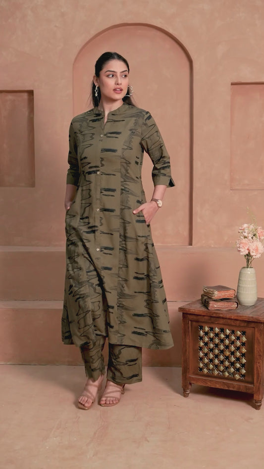 Viscose Abstract Flared Beige Kurta