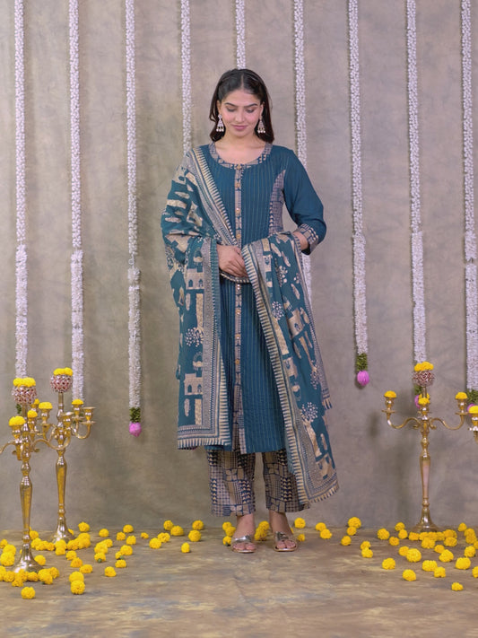 Viscose Gold foil Flared Blue Kurta