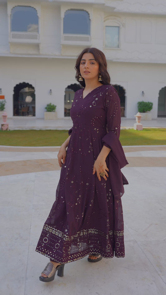 Embroidered Georgette Solid Brown Kurta