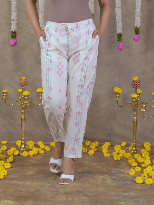 Soft Cotton Geometric Off White Tapered Trousers