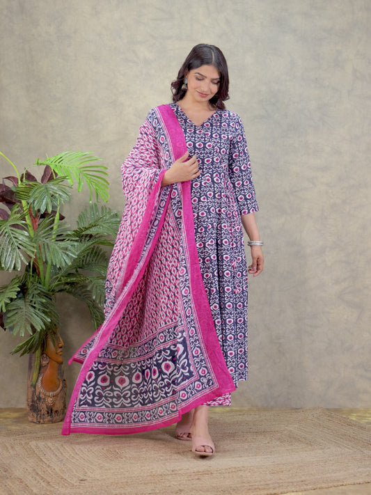 Soft Cotton Geometric Angrakha Blue Kurta
