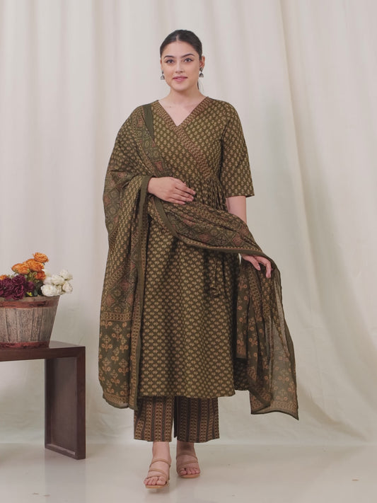 Soft Cotton Geometric Angrakha Green Kurta