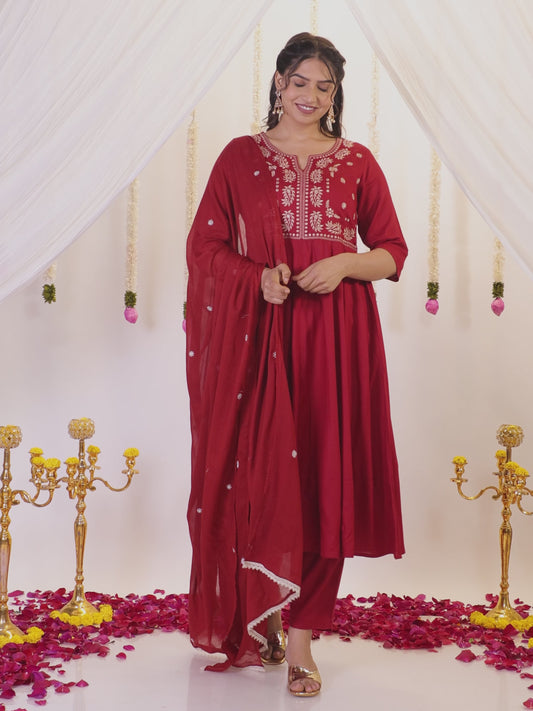 Embroidered Viscose Solid Anarkali Maroon Kurta