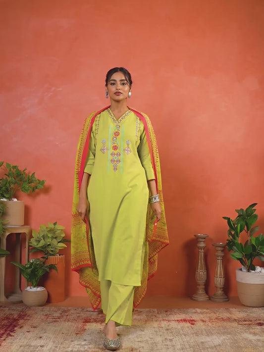 Embroidered Linen Cotton Solid A-line Lime Green Kurta