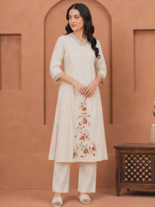 Embroidered Linen Cotton Solid Straight Off White Kurta