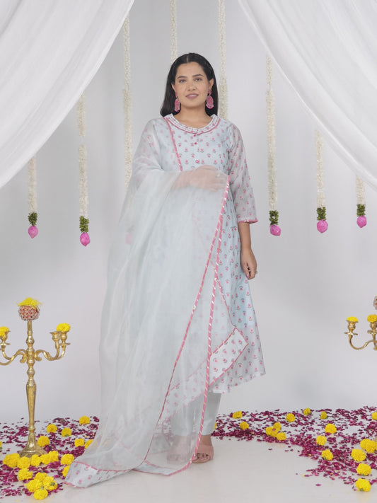 Organza Floral A-line Blue Kurta