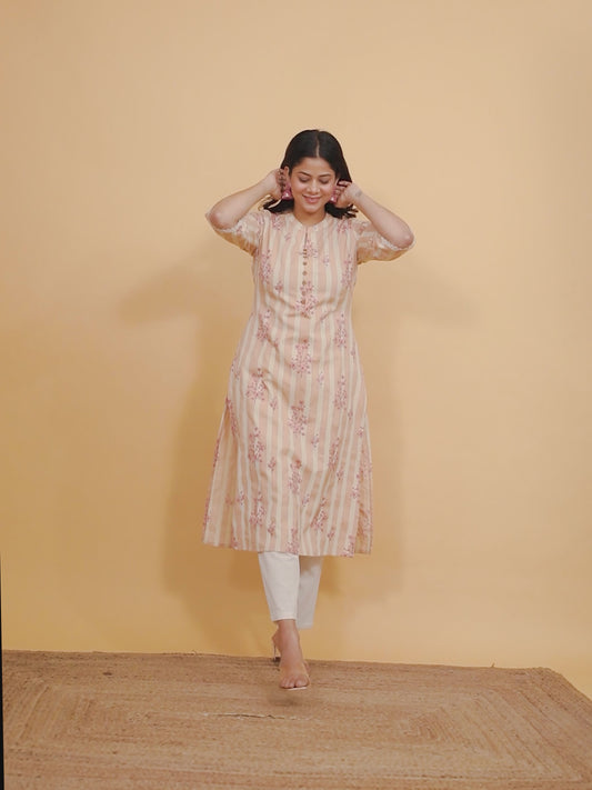 Linen Cotton Floral Straight Peach Kurta