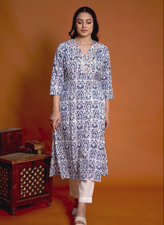Embroidered Soft Cotton Batik Straight Blue Kurta