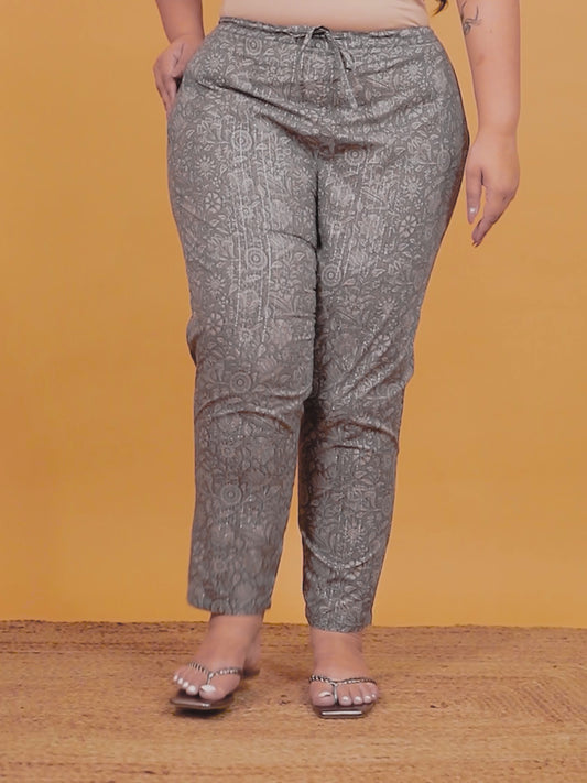 Lurex Cotton Floral Grey Tapered Trousers