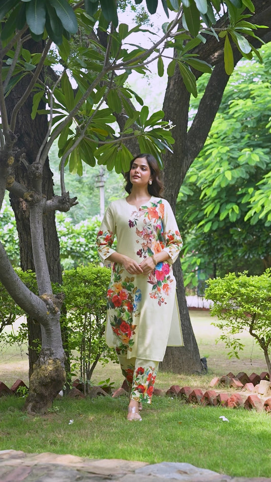 Linen Cotton Placement Print Straight Yellow Kurta