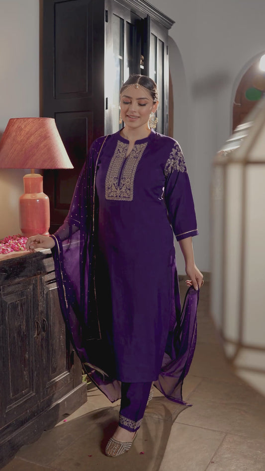 Embroidered Chanderi Solid Purple Kurta