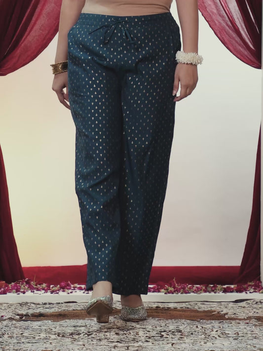 Poly Chanderi Gold foil Blue Straight Trousers