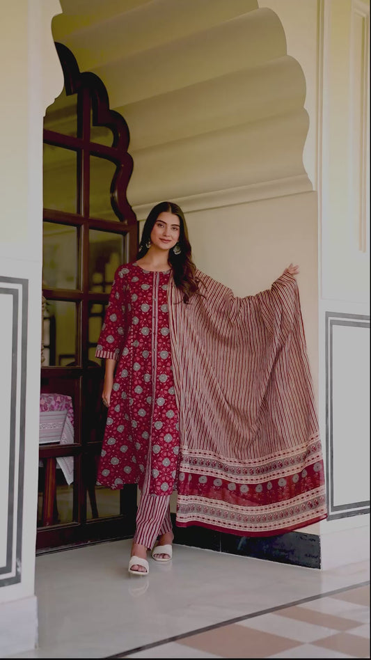 Soft Cotton Floral Flared Maroon Kurta