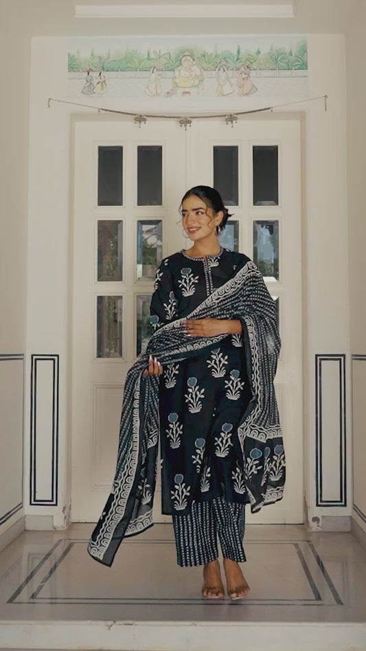 Soft Cotton Floral Straight Black Kurta