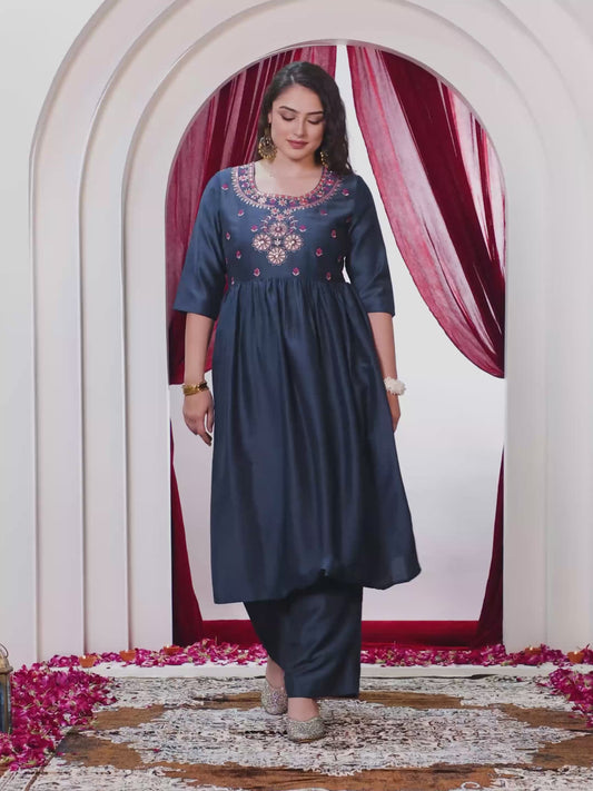 Embroidered Crepe Solid Flared Blue Kurta