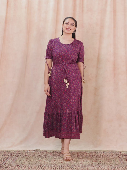 Viscose Floral Flared Wine Dress
