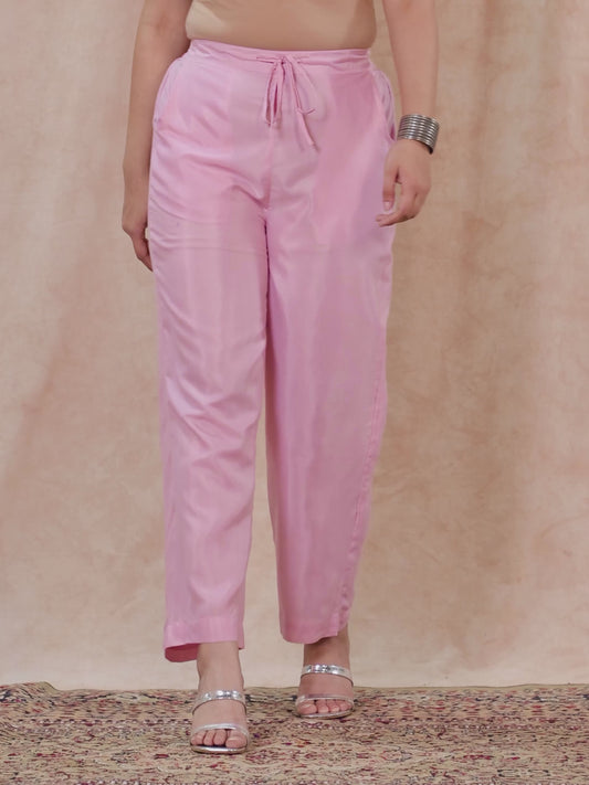 Blended Silk Solid Baby Pink Straight Trousers