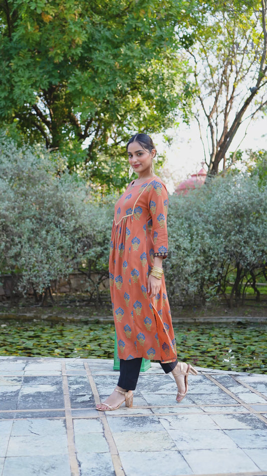 Viscose Butti A-line Rust Orange Kurta