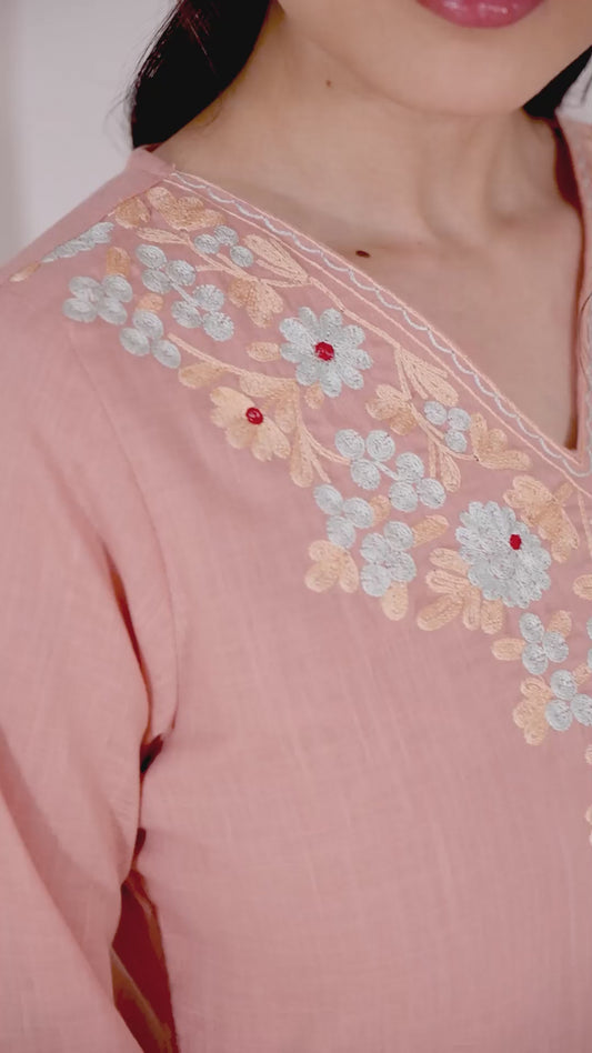 Embroidered Slub cotton Solid Straight Peach Kurta