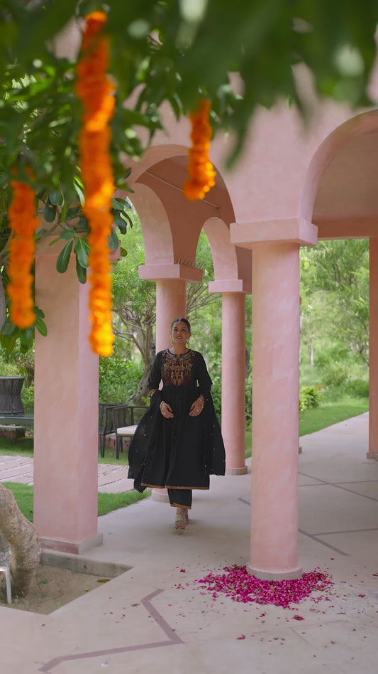 Embroidered Chanderi Solid Flared Black Kurta
