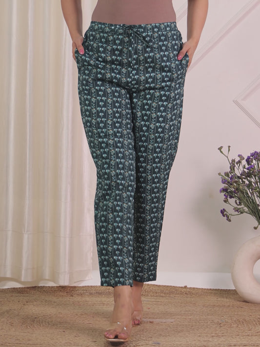 Soft Cotton Floral Teal Tapered Trousers