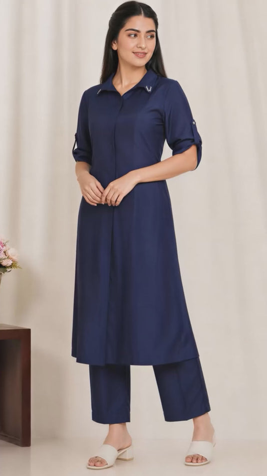 Chanderi Solid A-line Blue Kurta